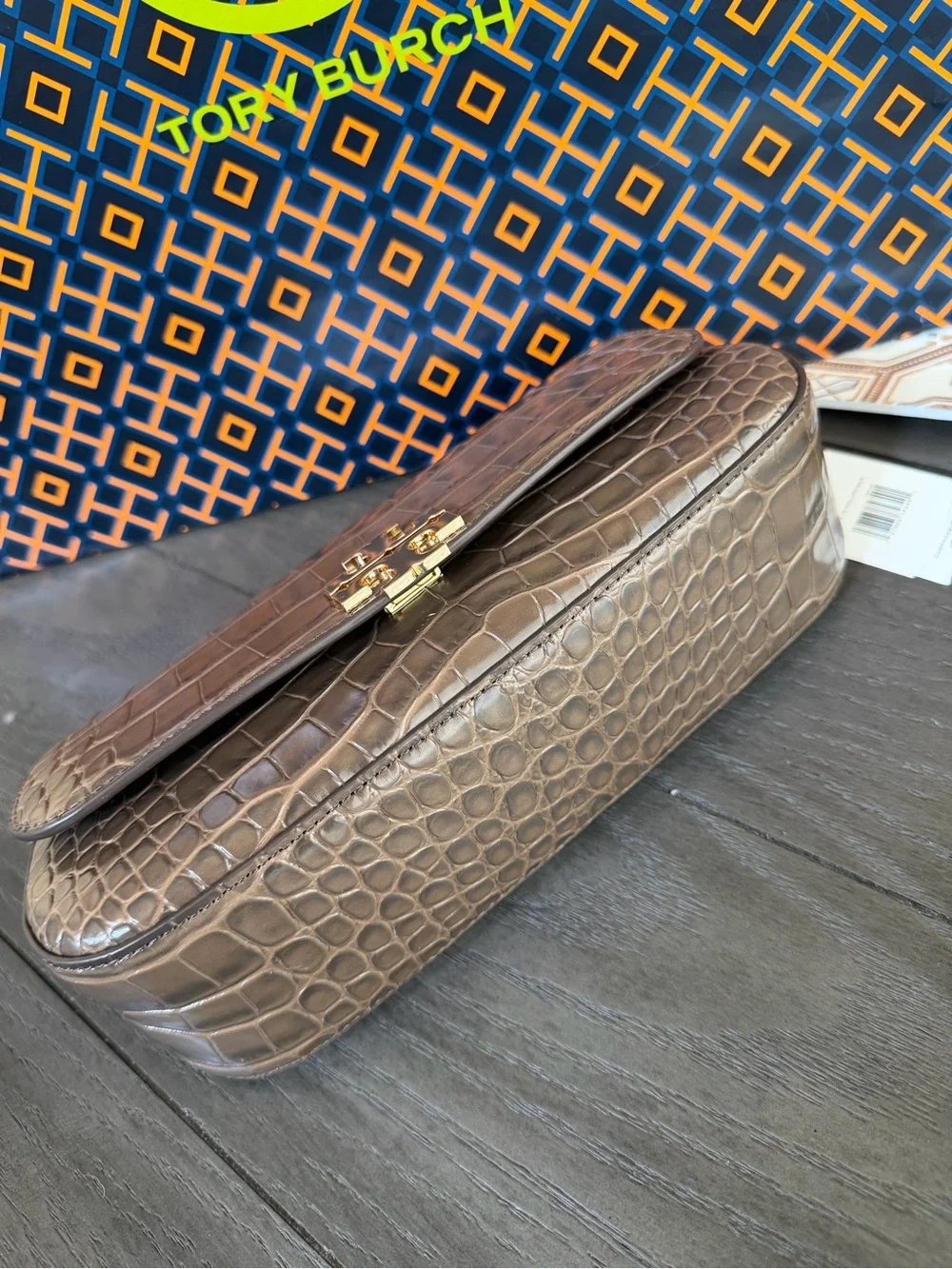 Tory Burch Britten Brown Croc-Embossed Shoulder Bag with Gold Logo